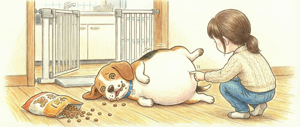 キッチンに侵入してエサ袋を爆食いし、お腹がパンパンになって横たわるビーグル犬のたいむと、呆然とするリエのイラスト