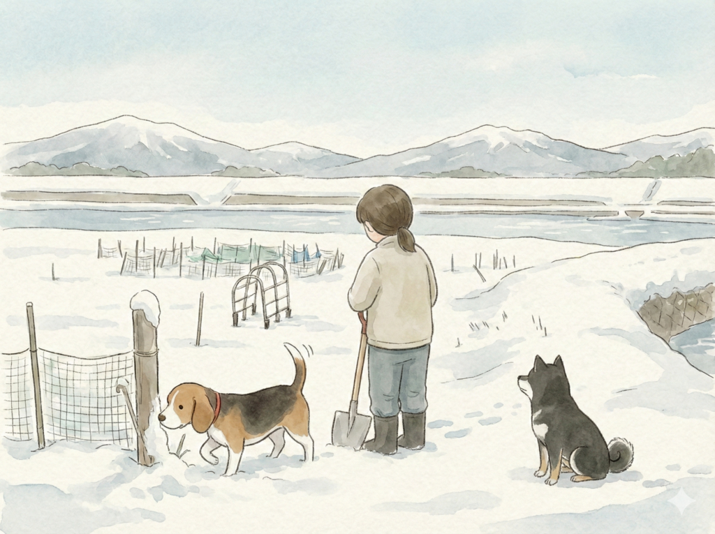 川沿いの畑は完全に雪の下。玉ねぎたち、無事だろうか…。