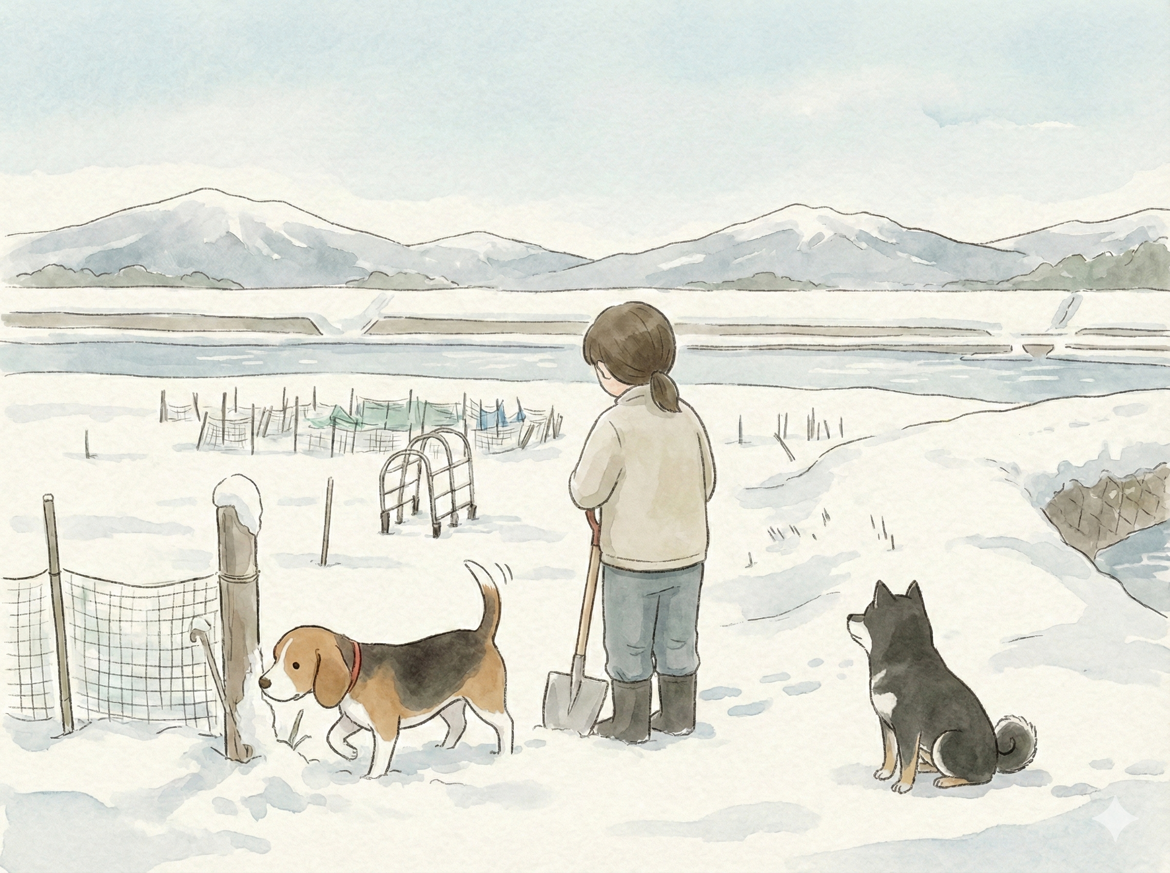 川沿いの畑は完全に雪の下。玉ねぎたち、無事だろうか…。